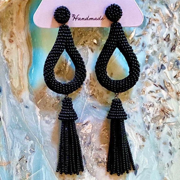 NWT Deepa Gurnani Beaded Black Hoop Chandeliers